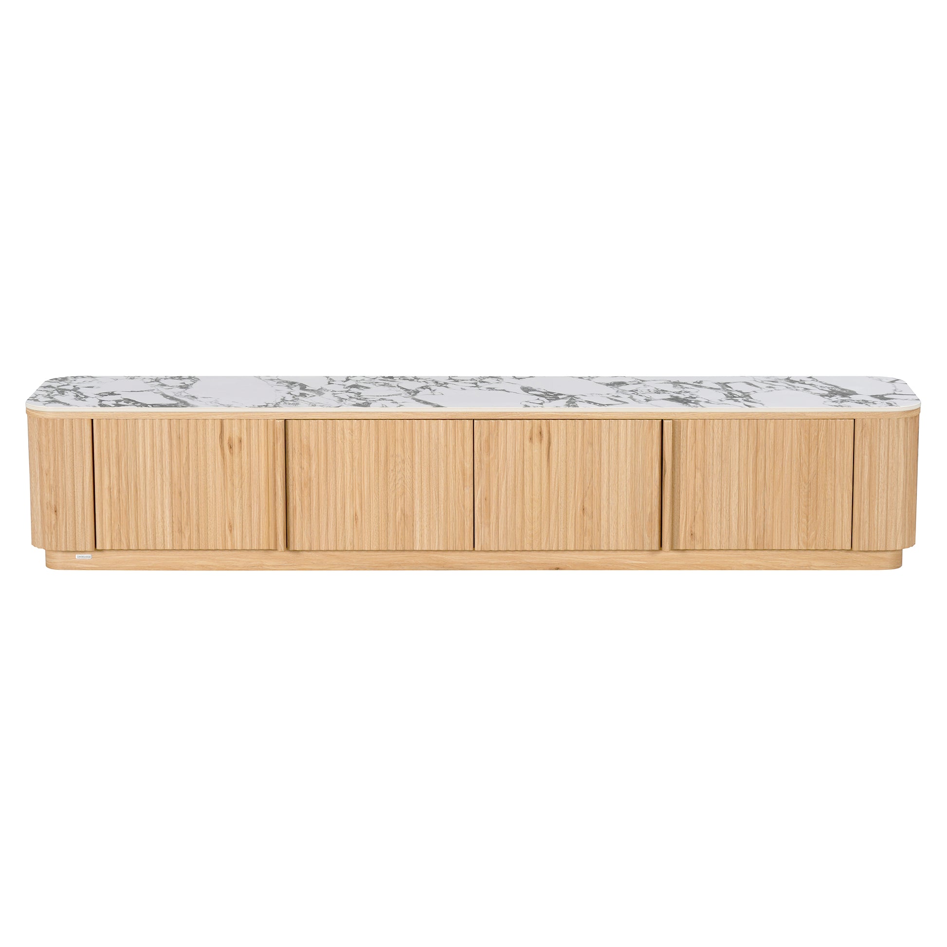 Light wood storage cabinet with marble-look top on white background