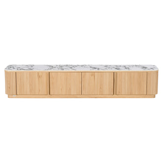 Light wood storage cabinet with marble-look top on white background
