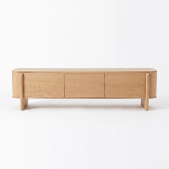 Light wood sideboard on a white background with three front doors and rounded ends