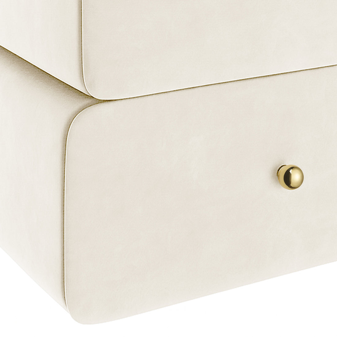 Luxo Tyla Modern Velvet Bedside Table Beige features a smooth cream finish with rounded corners, two drawers, and a polished brass knob, offering a stylish, compact design for bedroom functionality.