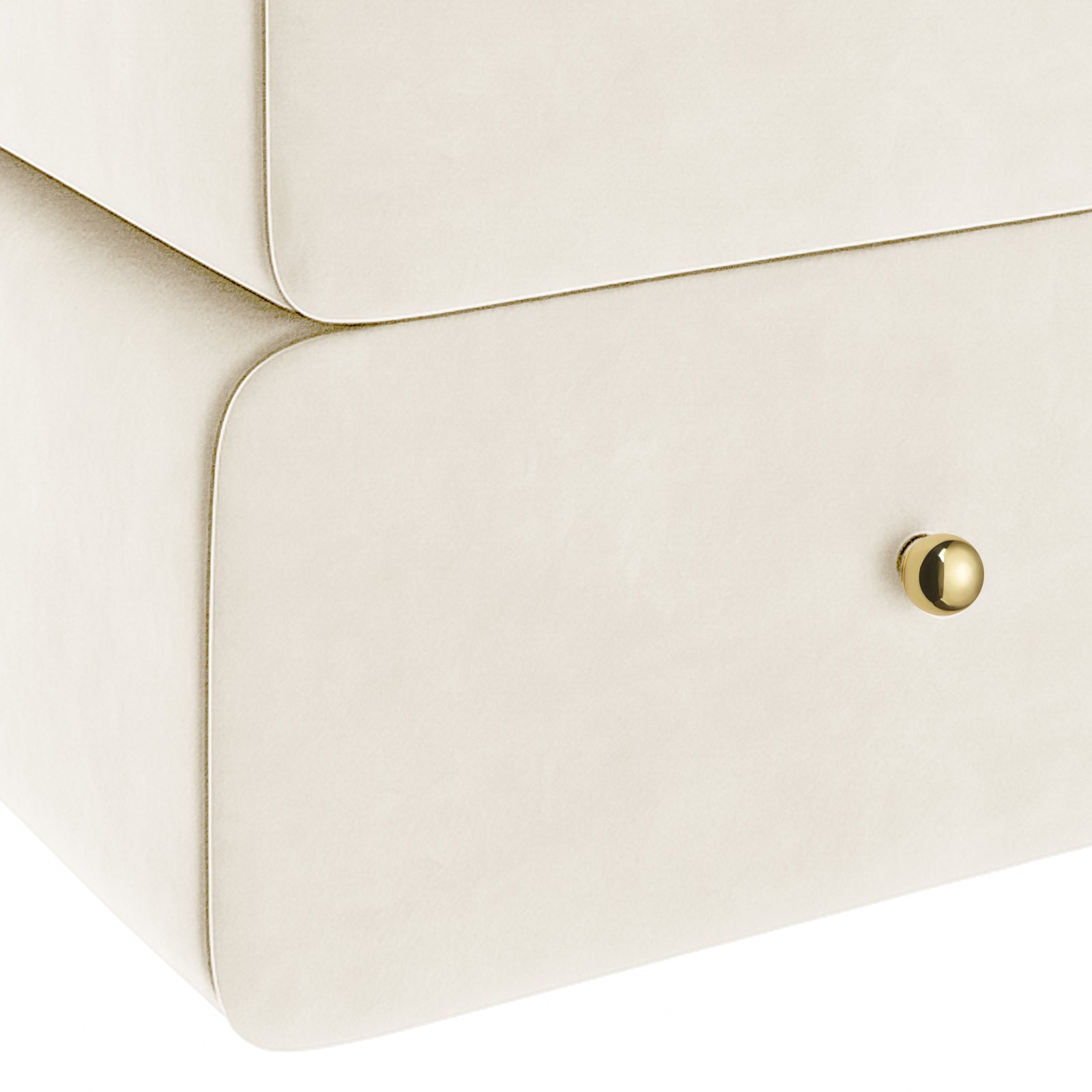 Luxo Tyla Modern Velvet Bedside Table Beige features a smooth cream finish with rounded corners, two drawers, and a polished brass knob, offering a stylish, compact design for bedroom functionality.