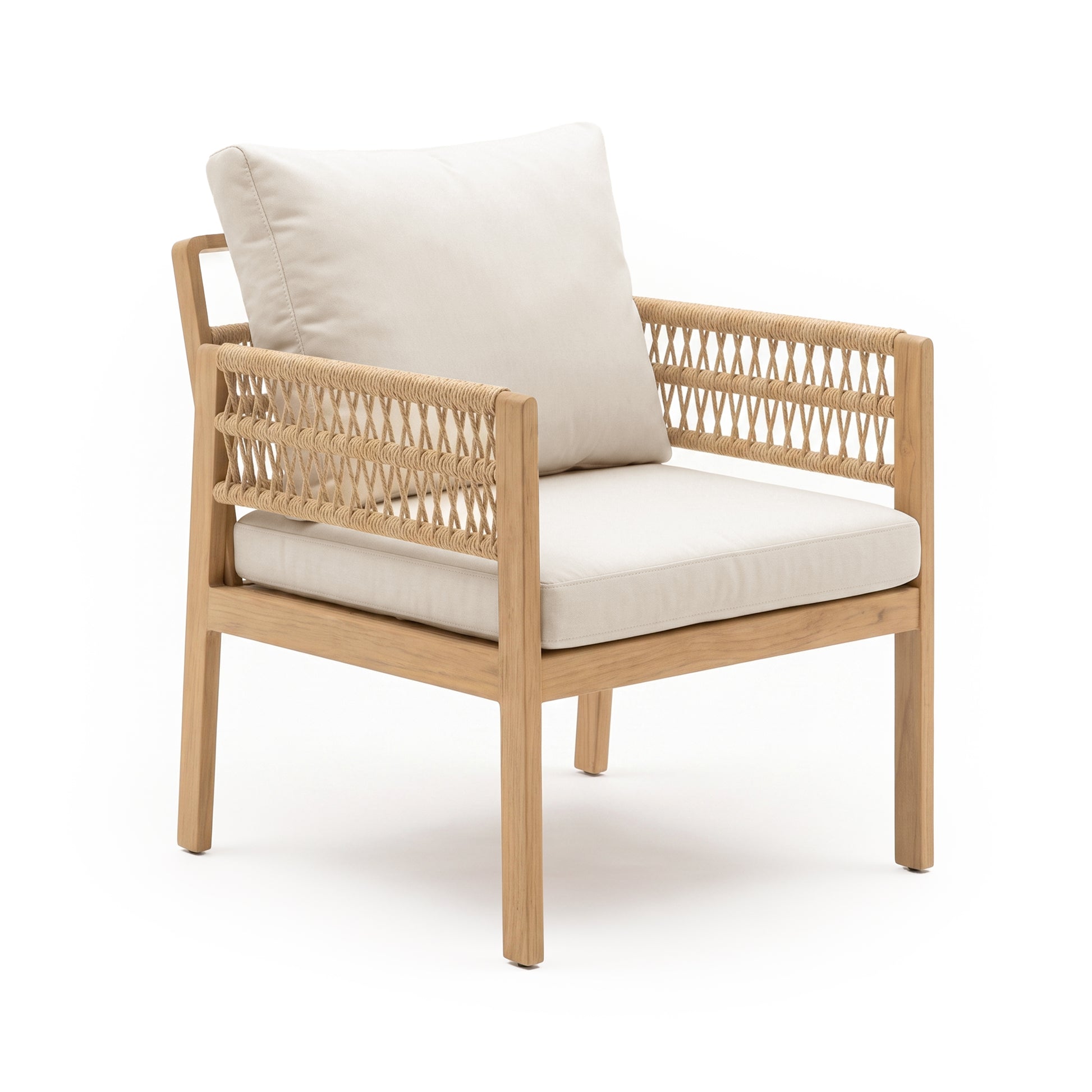 Modern wooden chair with woven sides and cream cushions on white background