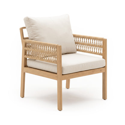 Modern wooden chair with woven sides and cream cushions on white background