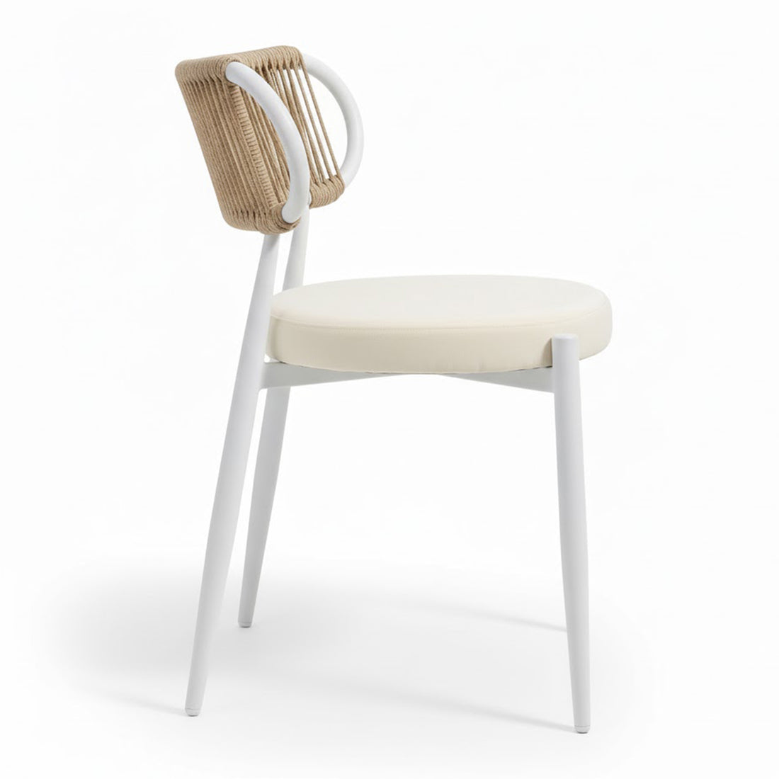 Cabria 7 Piece Sintered Stone Outdoor Dining Set features a modern side-chair with a slim white frame, cream-beige cushion, and backrest wrapped in natural-tone cord, enhancing its minimalist aesthetic.