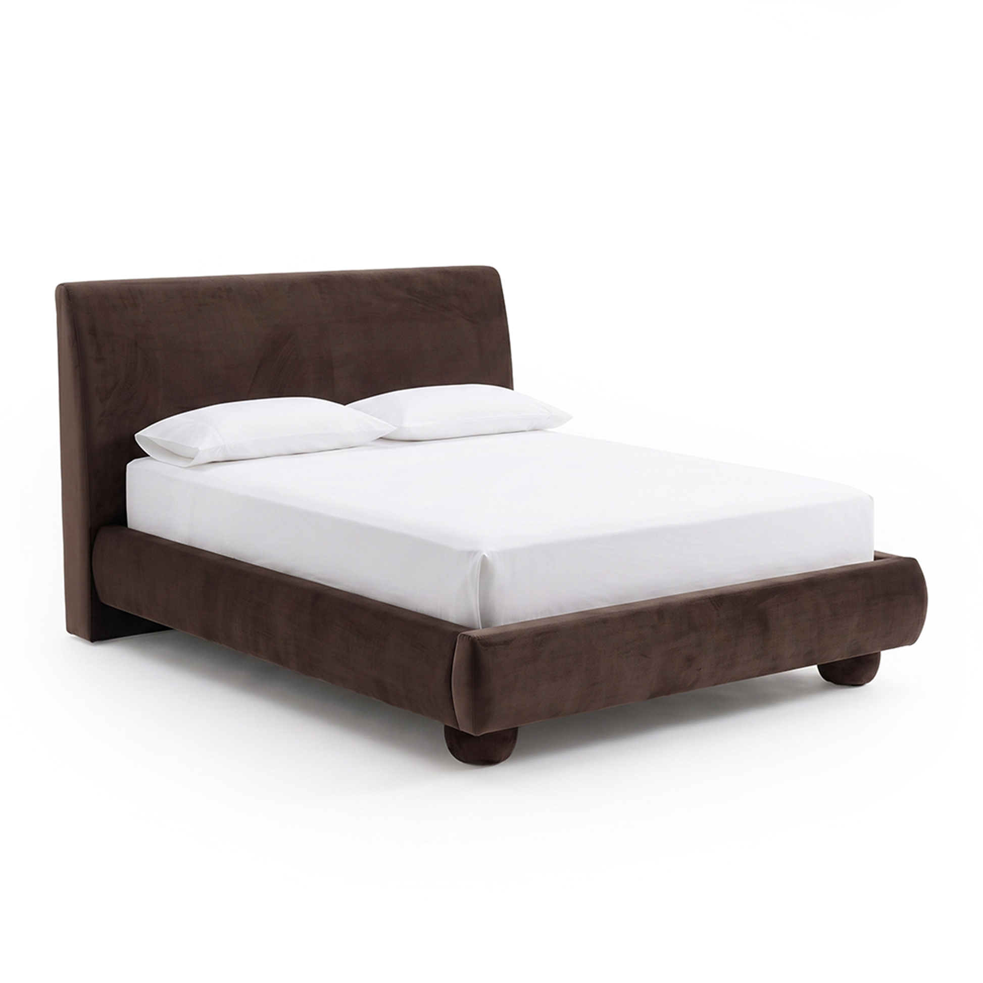 Full brown upholstered platform bed on a white background