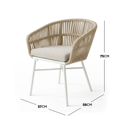 Marula Rope Outdoor Dining Chairs in White Set of 4 featuring a powder-coated metal frame, corded rattan design, and removable seat cushions, sized at 75cm tall, 58cm deep, and 57cm wide.