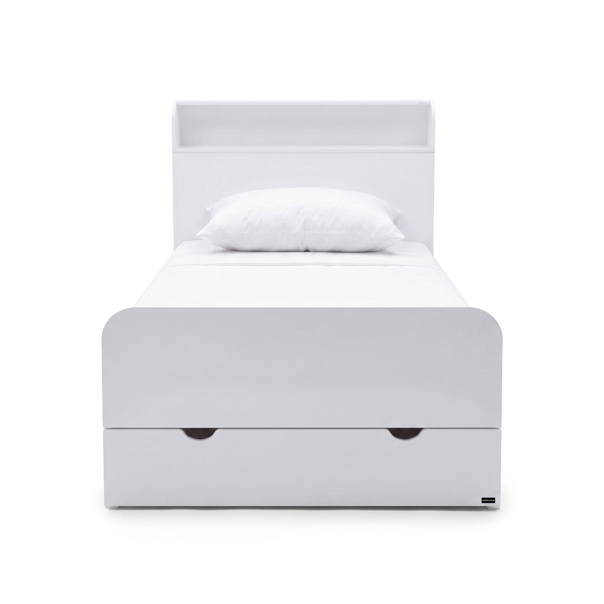 White bed with shelf headboard and under-bed storage drawer on a white background, viewed from the foot of the bed.