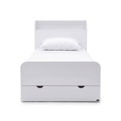 White bed with shelf headboard and under-bed storage drawer on a white background, viewed from the foot of the bed.