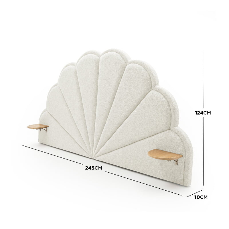 Front view of upholstered shell-shaped headboard with dimensions labeled