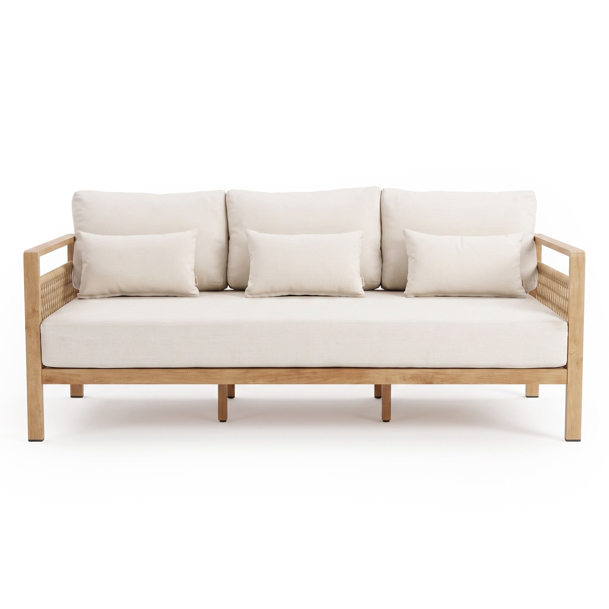 Neutral cushioned sofa with wooden armrests on a white background
