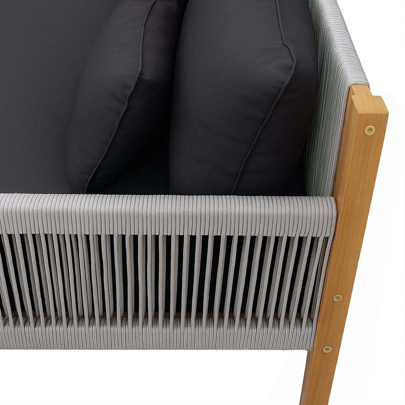 Tavi 5 Seater Solid Timber L Shape Outdoor Sofa in Light Grey, featuring a solid wood frame with vertical woven rope side panel and large black cushions for modern outdoor comfort.