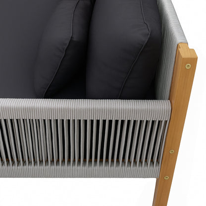 Tavi 5 Seater Solid Timber L Shape Outdoor Sofa in Light Grey, featuring a solid wood frame with vertical woven rope side panel and large black cushions for modern outdoor comfort.