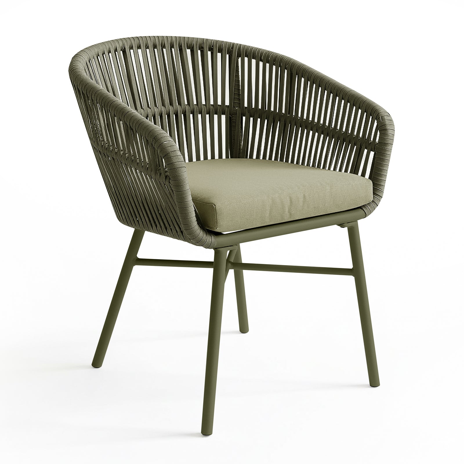 Marula Rope Outdoor Dining Chairs in Green Set of 4 featuring modern design, woven back and sides, padded seat cushions, and slender metal legs, ideal for stylish, comfortable outdoor seating.