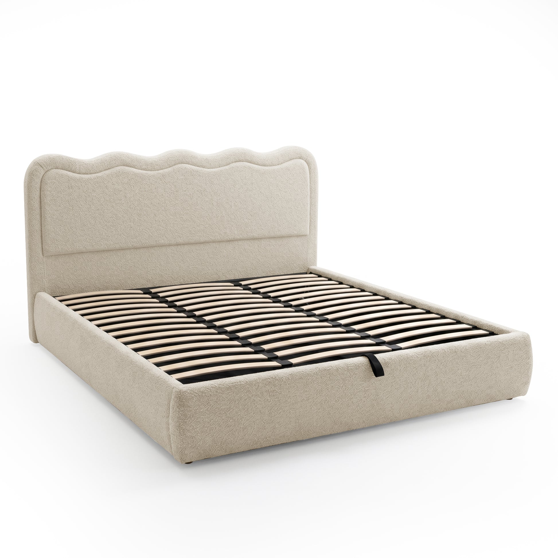 Contemporary upholstered bed frame with wooden slats on white background