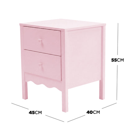 Pink nightstand with dimensions labeled: 55cm height, 45cm width, 40cm depth