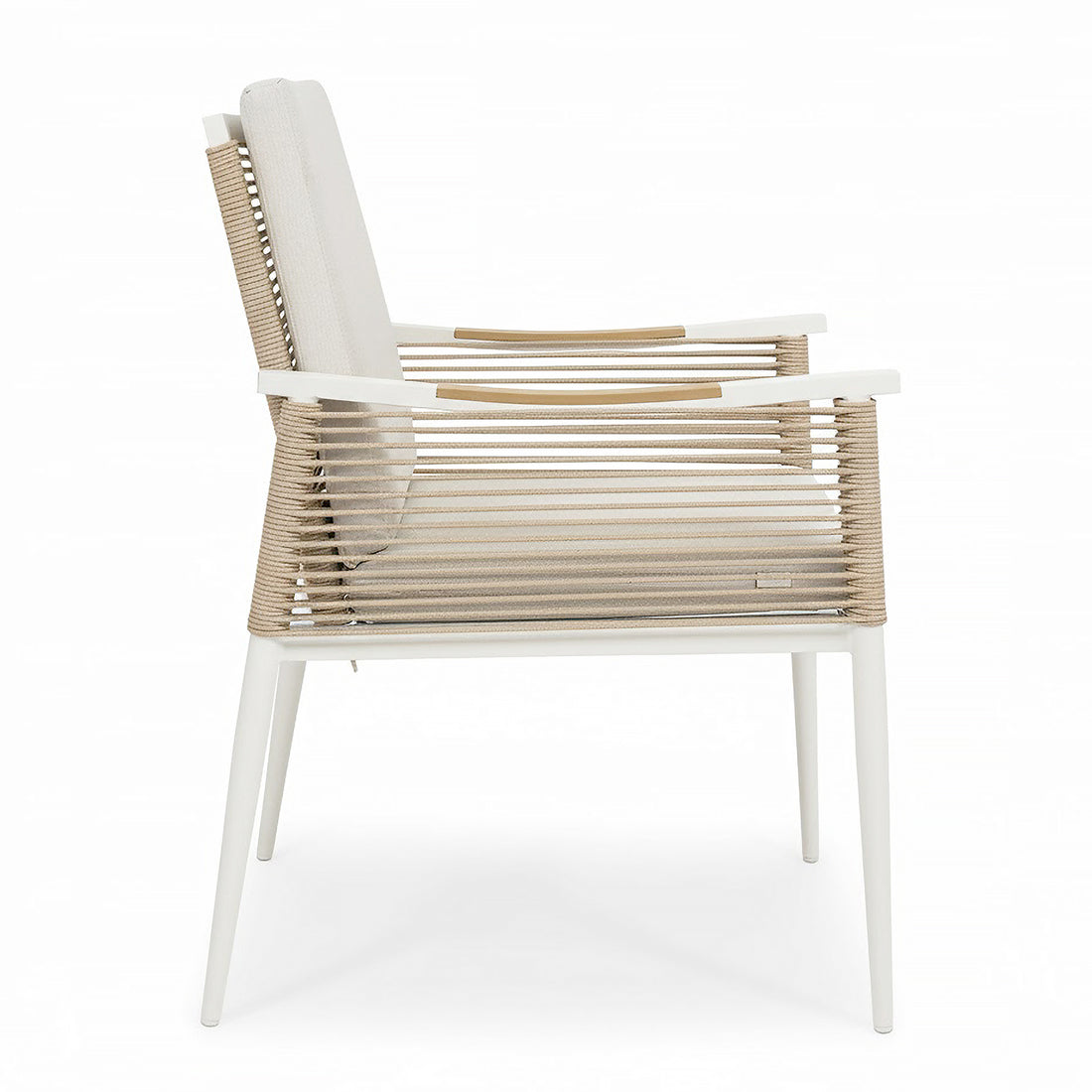 Casara 9 Piece Outdoor Dining Set in White and Beige features a modern low-slung lounge chair with a slender white metal frame, rope-wrapped sides, and light-beige cushions, enhancing alfresco dining elegance.