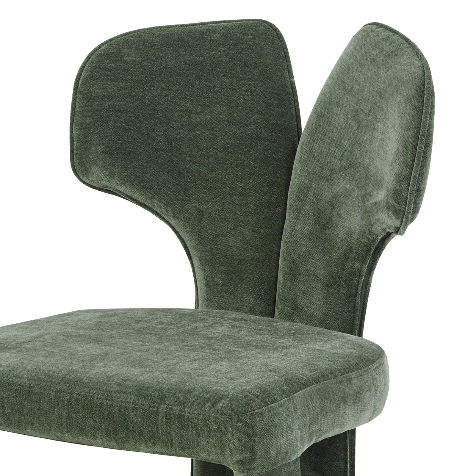 Detailed close-up of green chair seat and back on white background