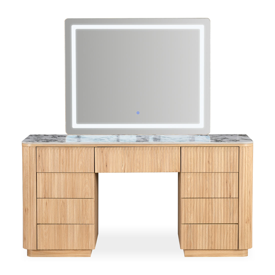Modern vanity table with illuminated rectangular mirror on a white background
