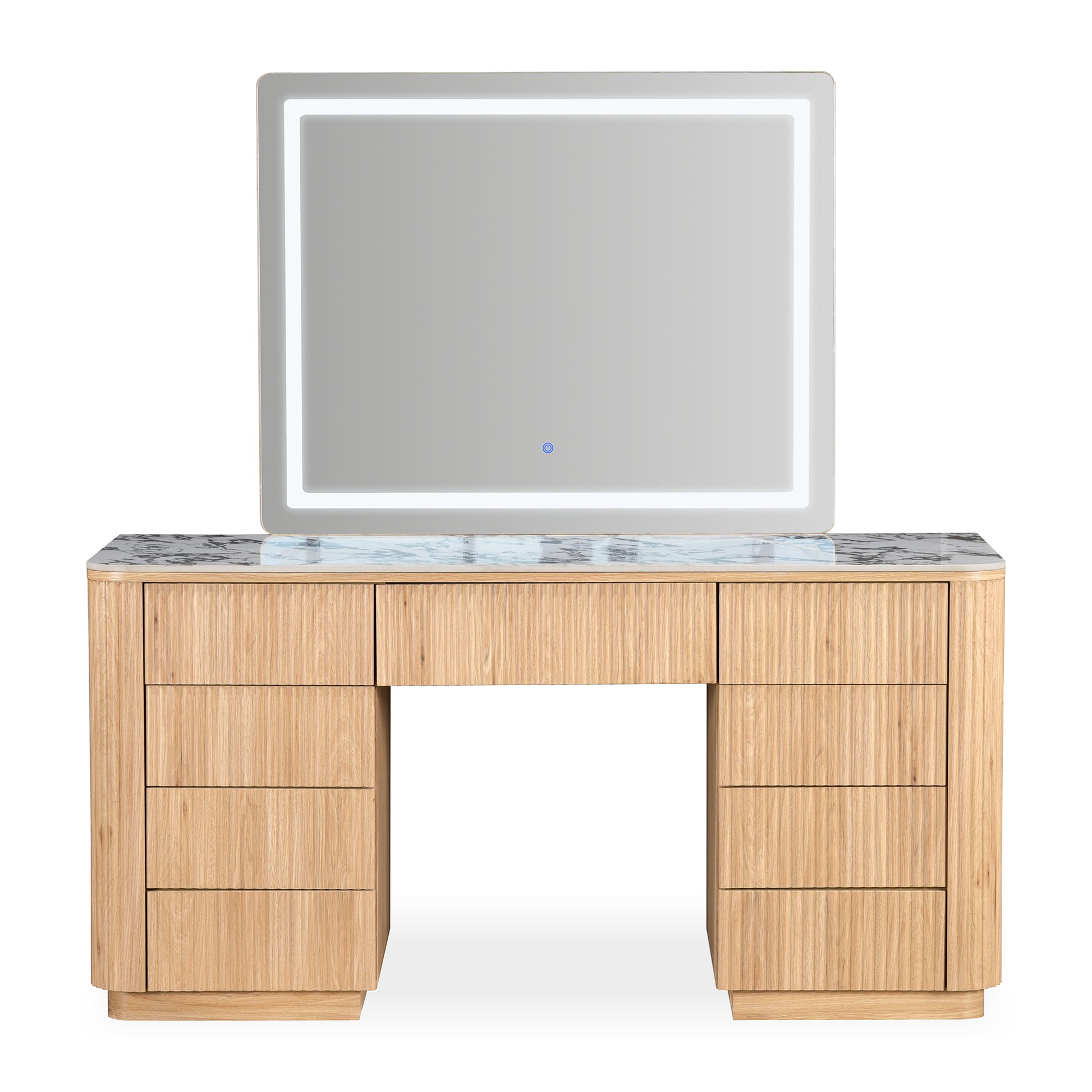 Modern vanity table with illuminated rectangular mirror on a white background