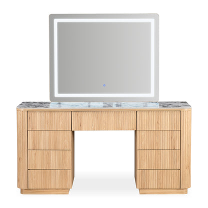 Modern vanity table with illuminated rectangular mirror on a white background