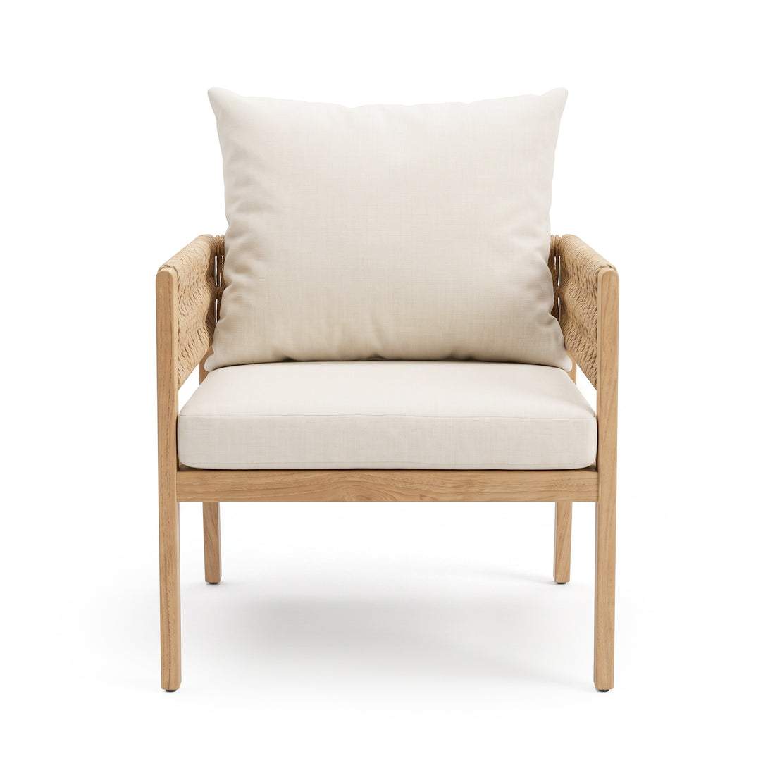 Modern wooden armchair with cream cushions on white background