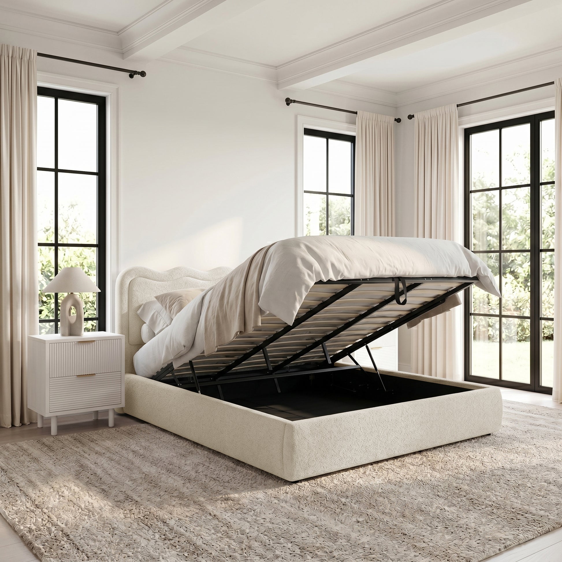 Storage bed in modern bedroom with lift-up mattress platform
