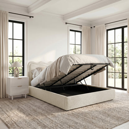 Storage bed in modern bedroom with lift-up mattress platform
