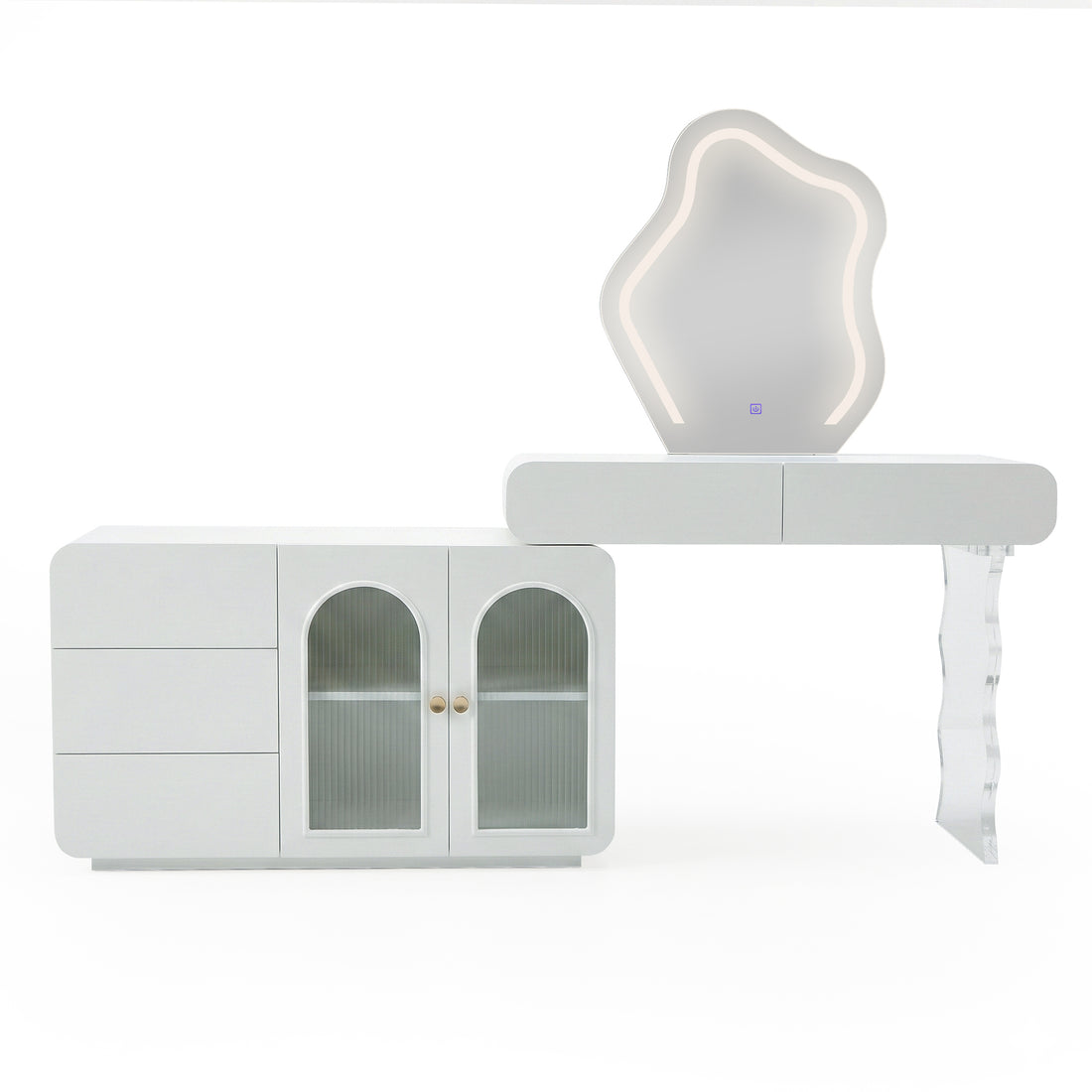 Modern white vanity set with LED mirror and clear acrylic support leg on white background