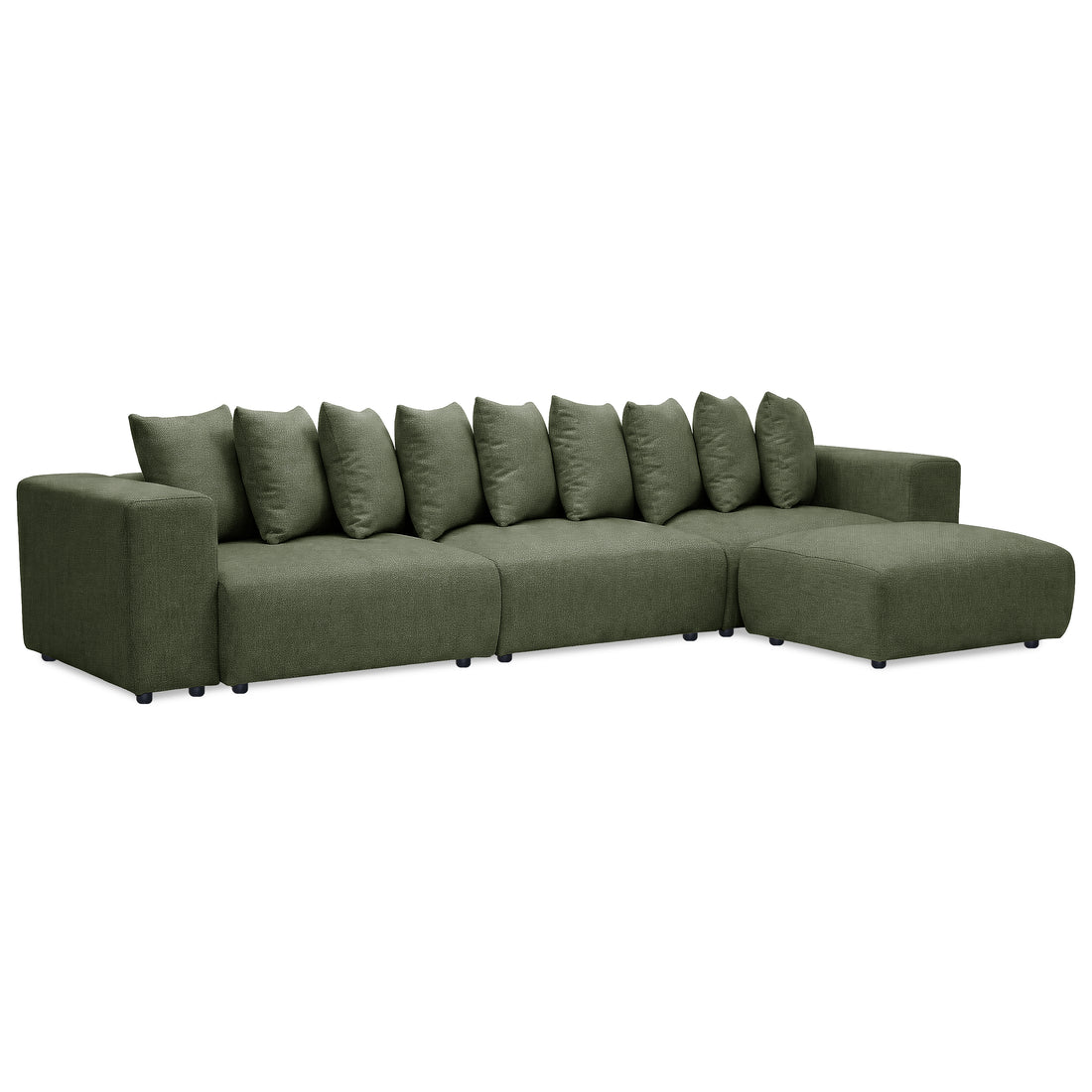 Right-facing olive green sectional sofa with multiple cushions on white background