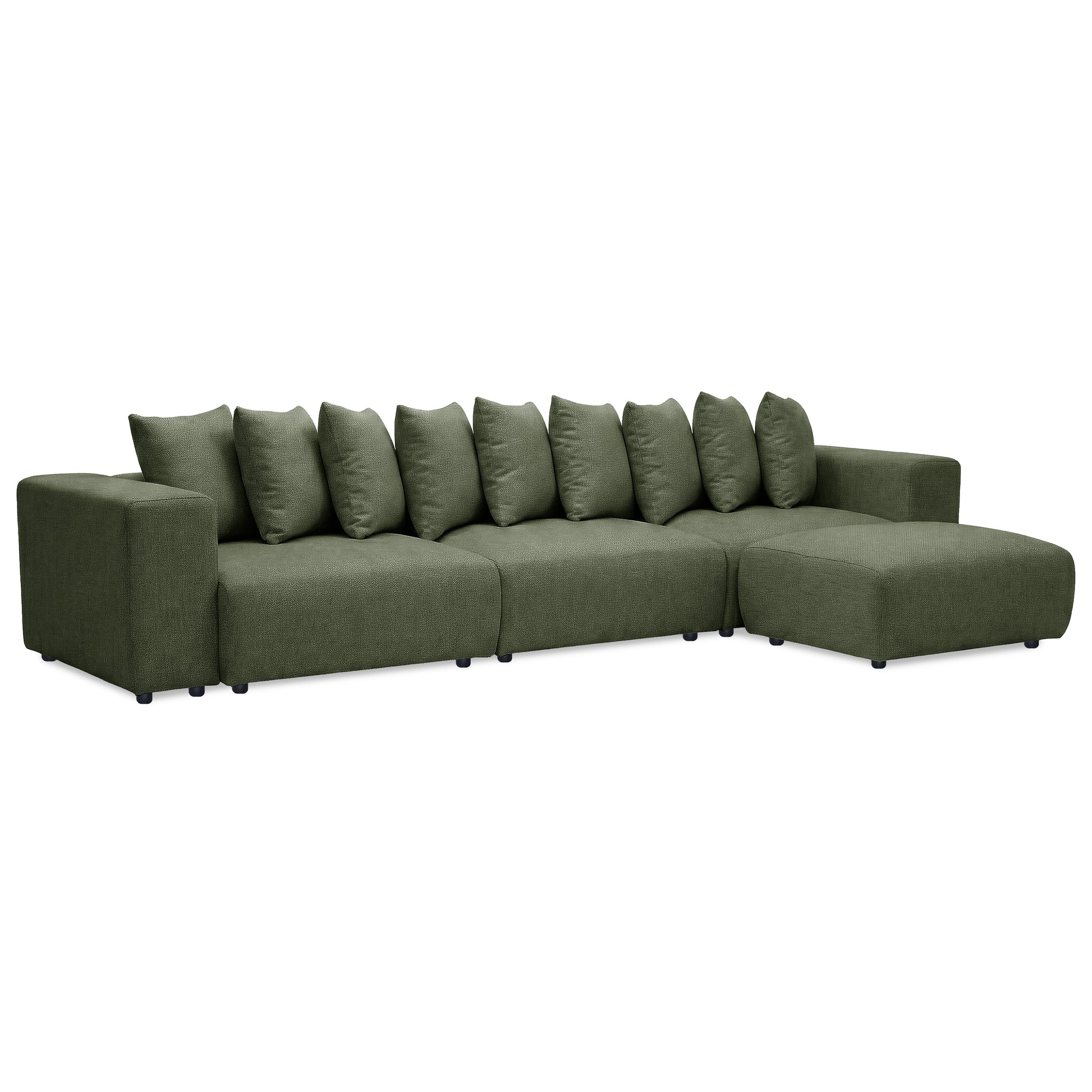 Right-facing olive green sectional sofa with multiple cushions on white background
