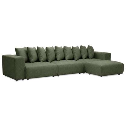 Right-facing olive green sectional sofa with multiple cushions on white background