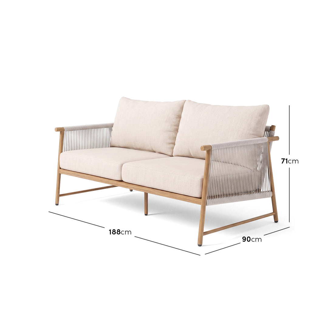 Two-seater sofa with dimension markings on white background