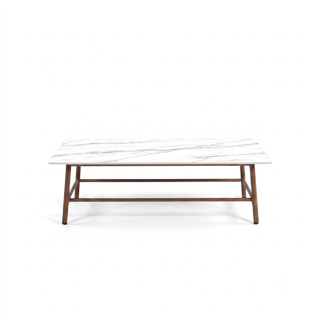 Rectangular coffee table with marble-effect top and wooden frame on white background