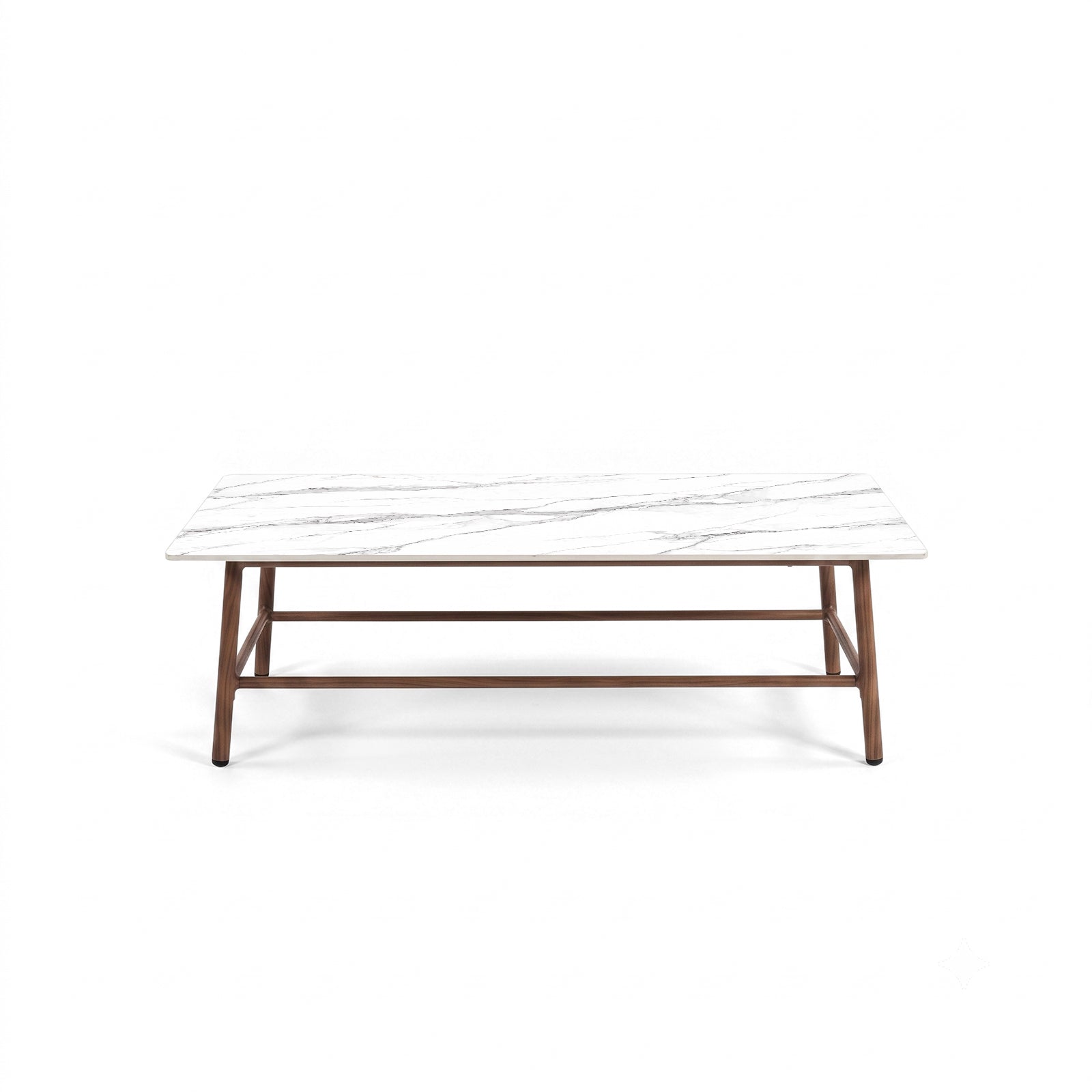 Rectangular coffee table with marble-effect top and wooden frame on white background