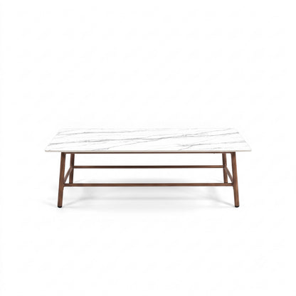 Rectangular coffee table with marble-effect top and wooden frame on white background