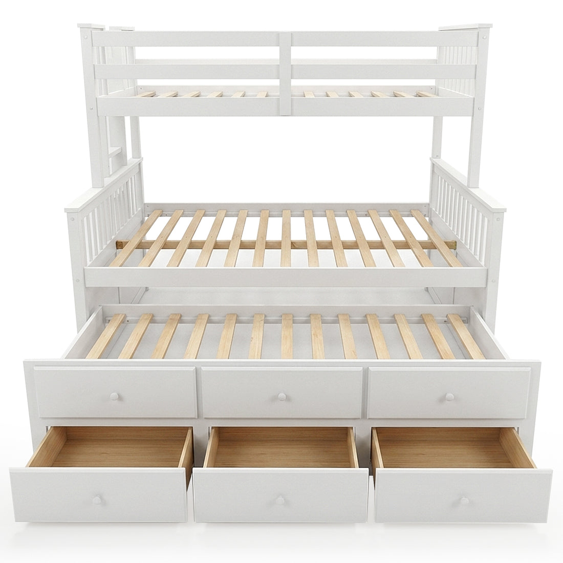 White wooden bunk bed with storage drawers on white background