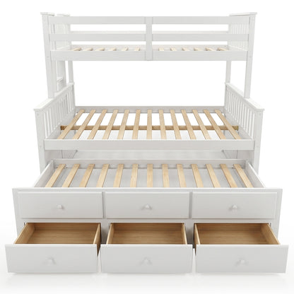 White wooden bunk bed with storage drawers on white background