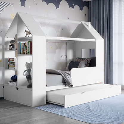 Halden Kids Cubby Bed Storage & Trundle in White features a house-shaped frame with built-in shelving for toys and books, a pull-out trundle, and whimsical cloud and star wallpaper backdrop.