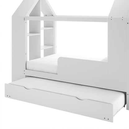 Halden Kids Cubby Bed Storage & Trundle in White: A house-shaped bunk bed with playhouse-style upper level, built-in shelves, and a pull-out trundle bed, both fitted with plain white mattresses.