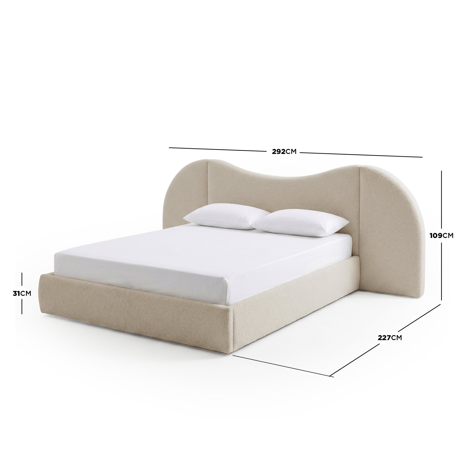 Upholstered bed on white background with dimensions overlay