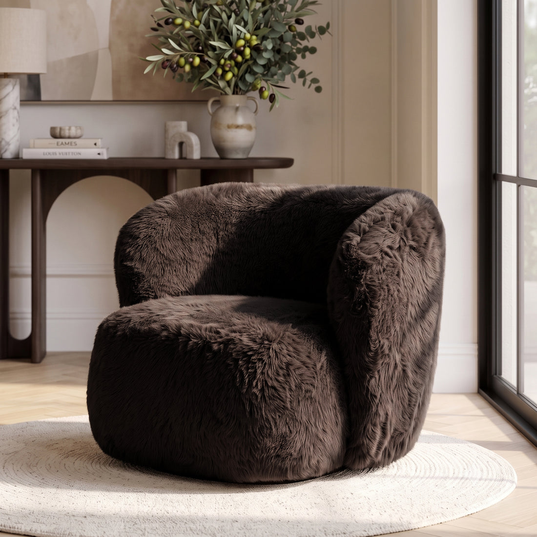 Chocolate brown faux fur accent chair styled in a cozy room with rug and decor