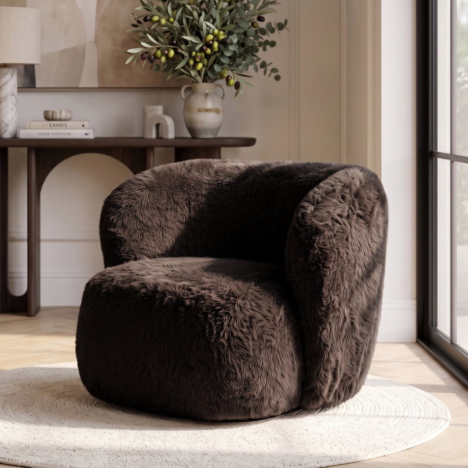 Chocolate brown faux fur accent chair styled in a cozy room with rug and decor