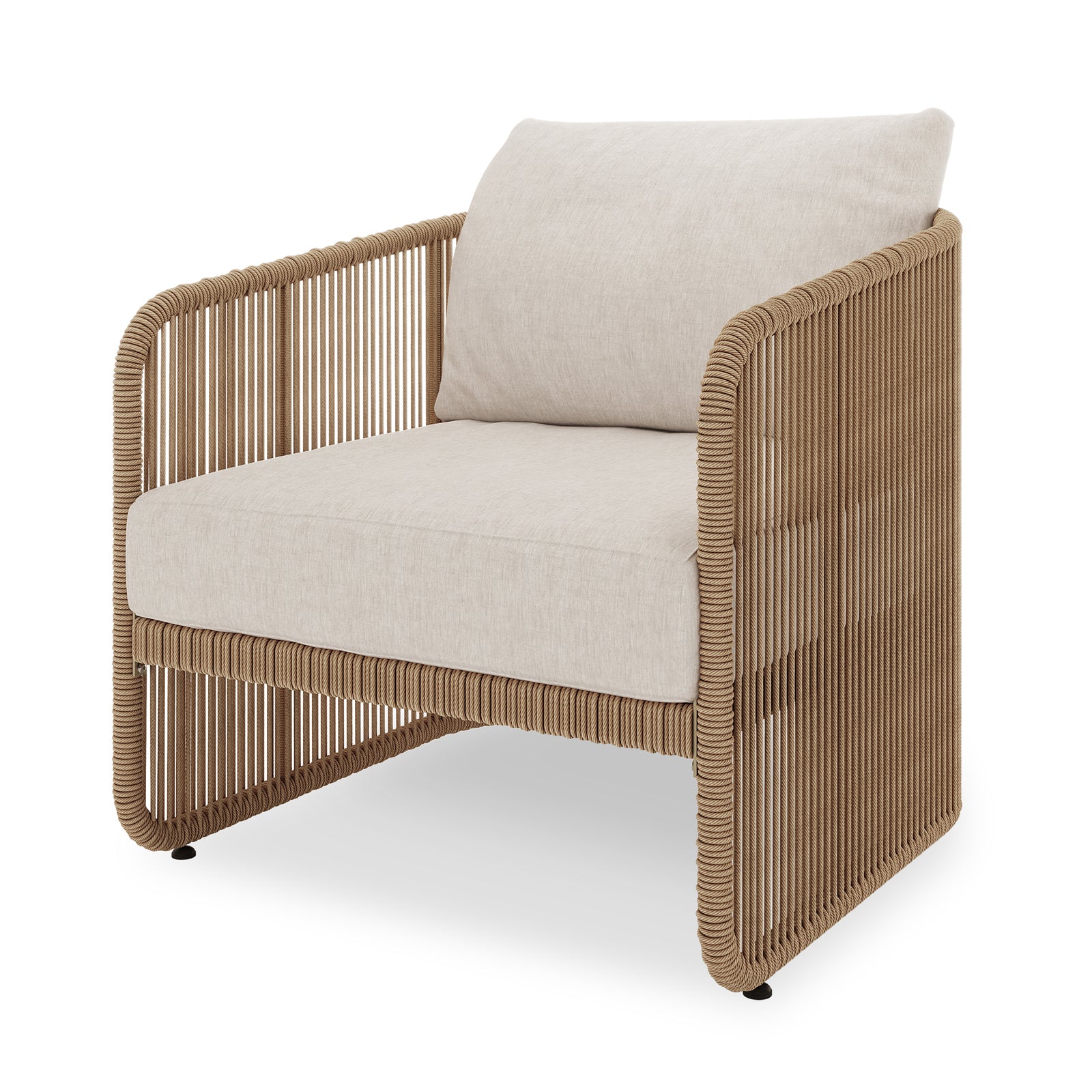 Solari 4 Seater Wicker Outdoor Sofa Set in Natural features a woven rope frame armchair with plush light-beige cushions, showcasing a modern, looped design for stylish, comfortable outdoor seating.