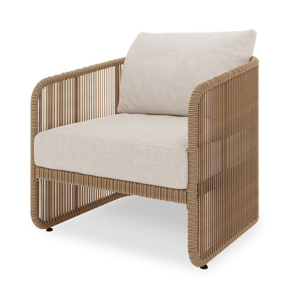 Solari 4 Seater Wicker Outdoor Sofa Set in Natural features a woven rope frame armchair with plush light-beige cushions, showcasing a modern, looped design for stylish, comfortable outdoor seating.