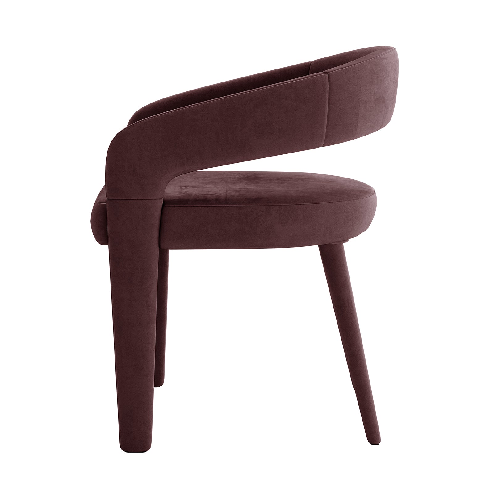 Eisha Velvet Dining Chair Set of 2 in Dark Plum features a modern design with rounded seat, wrap-around backrest, and three tapered legs, all upholstered in plush velvet for a seamless look.