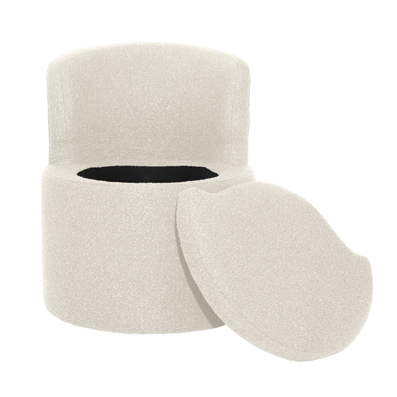 Sorra Boucle Swivel Storage Accent Chair in Cream White with removable cushioned lid, revealing hidden storage. The chair features soft, textured boucle fabric and smooth swivel base.