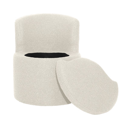 Sorra Boucle Swivel Storage Accent Chair in Cream White with removable cushioned lid, revealing hidden storage. The chair features soft, textured boucle fabric and smooth swivel base.