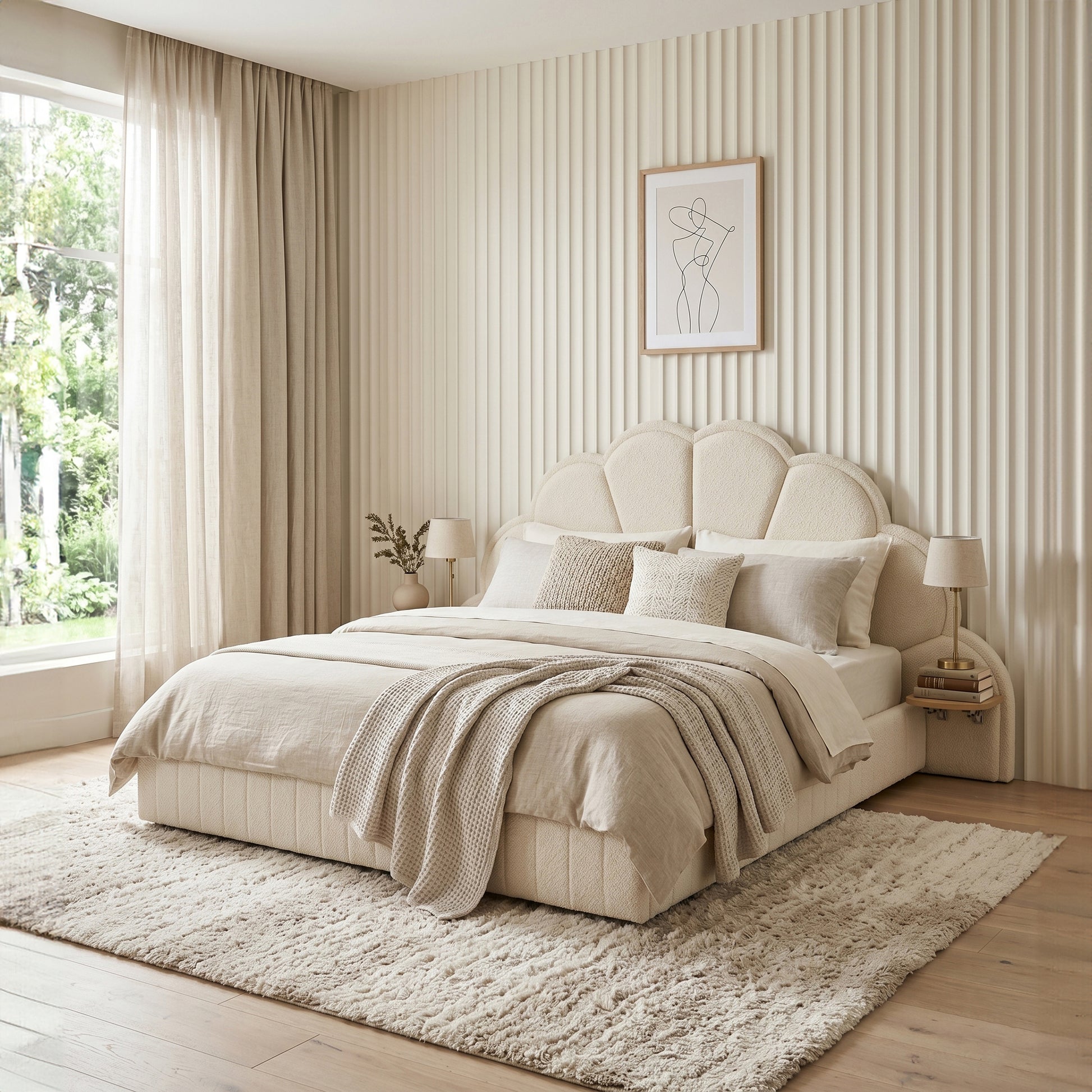 Cream upholstered bed in styled bedroom with bedding and decor