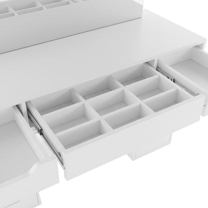 Jenna Hollywood LED Mirror Dressing Table in White showcasing a modular organizer with eight-compartment drawer and adjacent drawers open, highlighting its smart storage design.