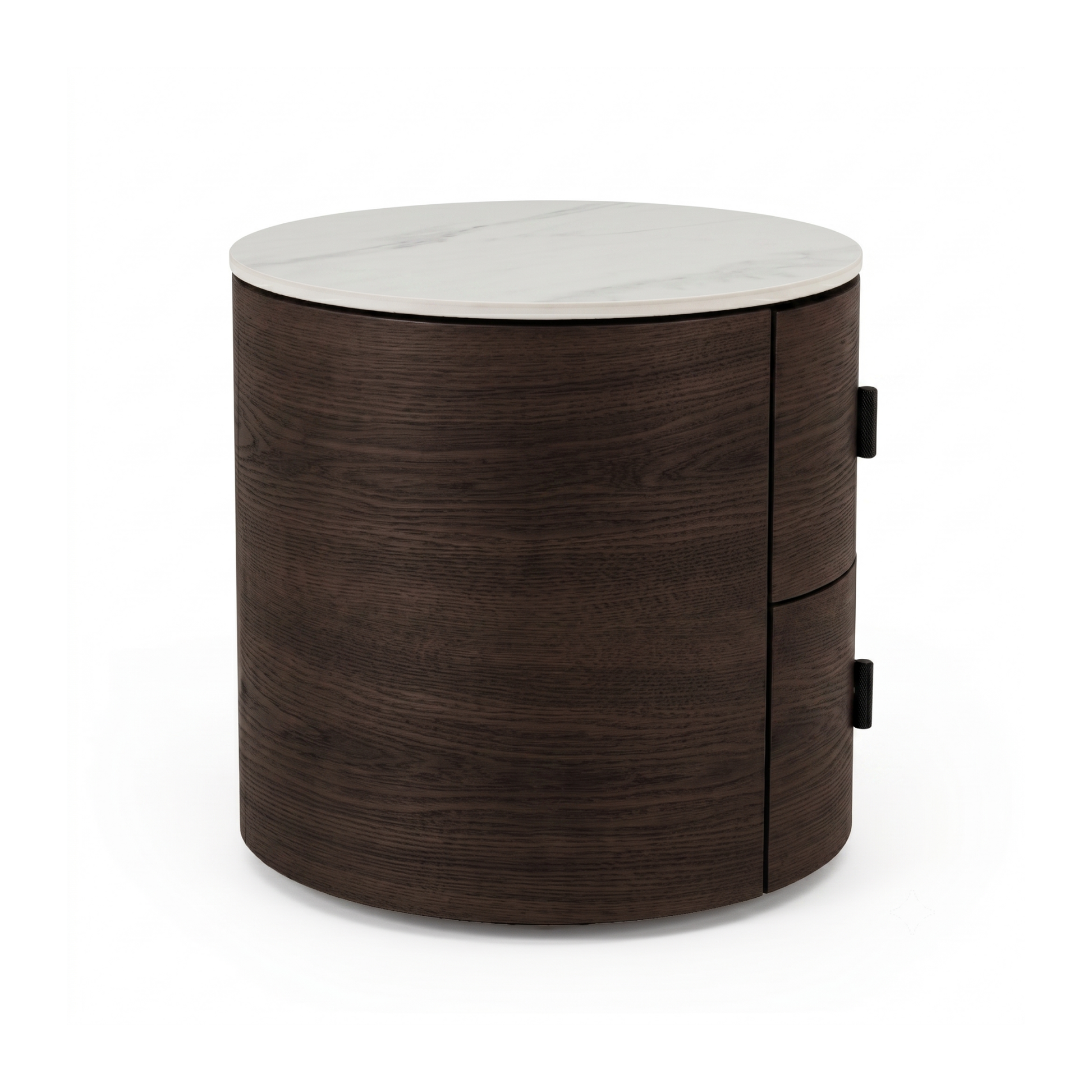 Round two-drawer side table with dark wood body and white marble-look top on a white background.